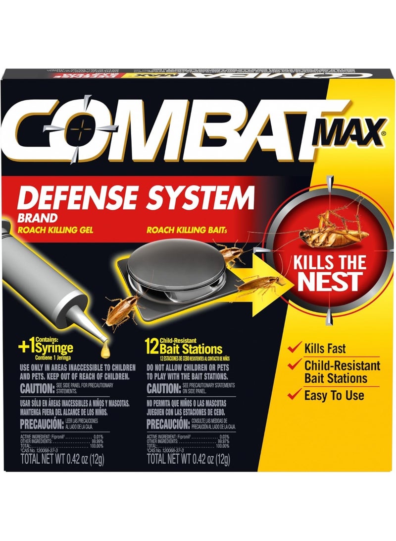 Combat Max Defense System Brand Roach Killing Bait & Gel 1 Syringe & 12 Child-Resistant Bait Stations - Image 1
